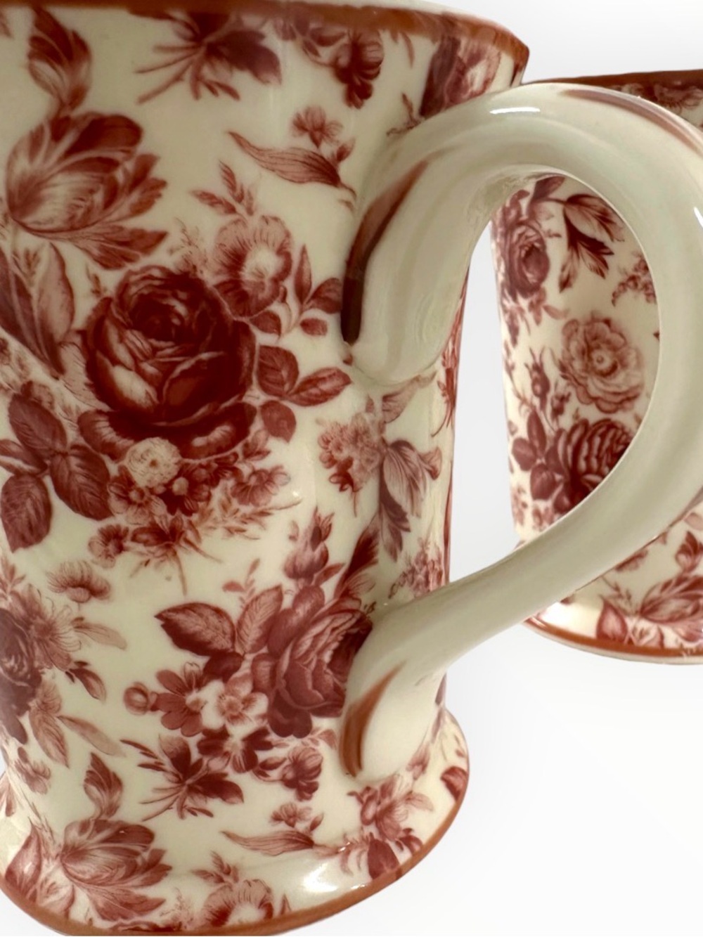 Harry & David Floral Toile Coffee Mugs Set of 2 Red Cream Ceramic China - Picture 11 of 11